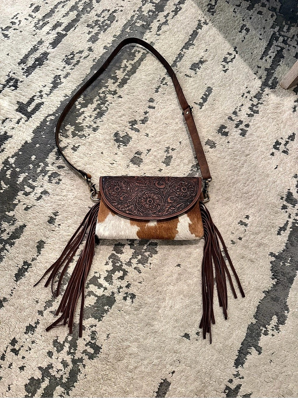Brown & White Fringe Crossbody Bag